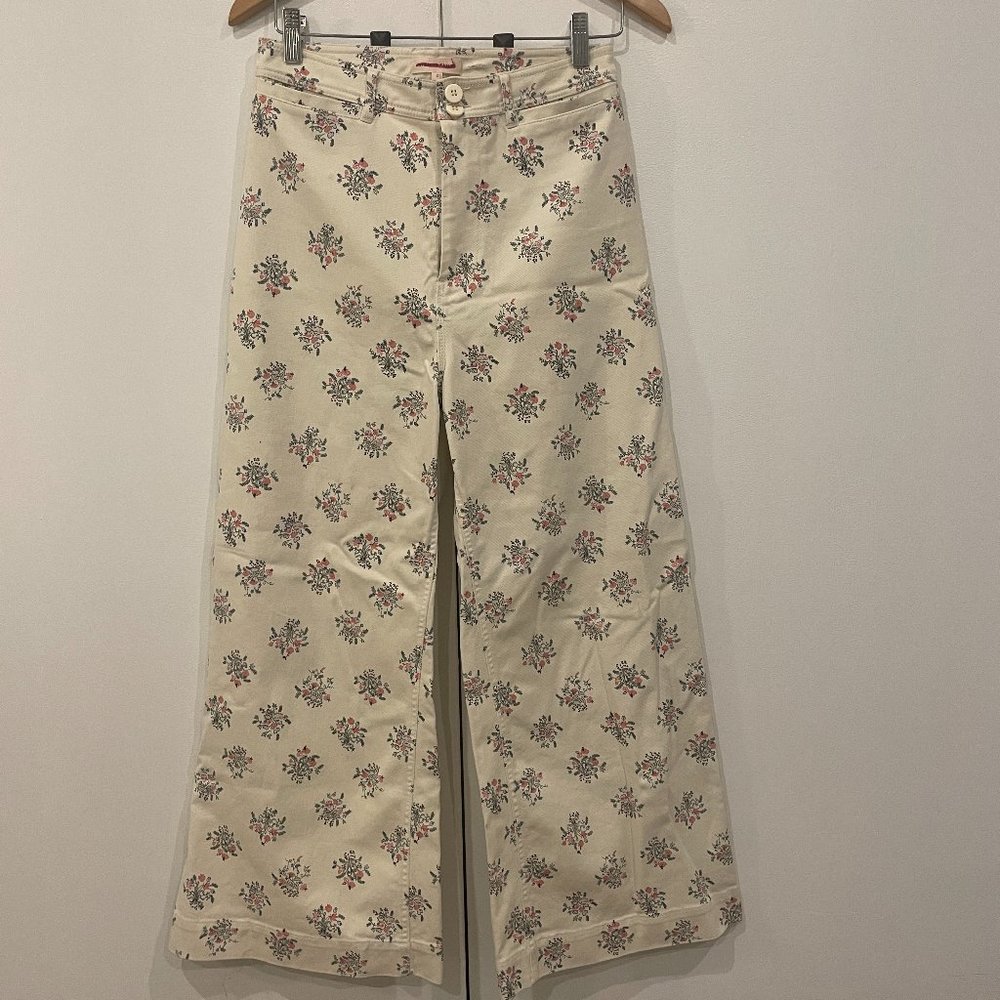 Rebecca Taylor Creme and Floral Wide Leg Jeans Size 28
